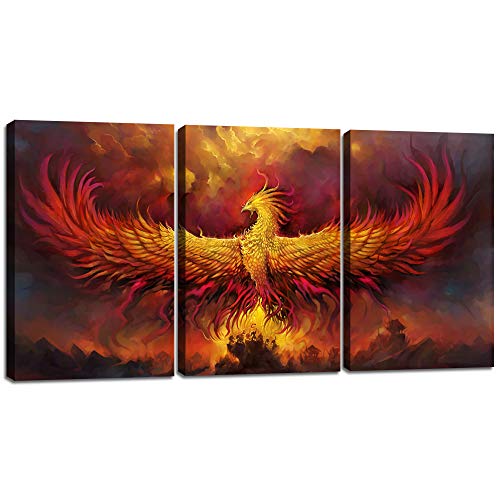 Yetaryy Fantasy Wall Art Canvas Prints Golden Red Burning Phoenix Volcanic Ancient Mystic Animal Birds Living Room Bedroom Home Decor Wall Decoration 3 Panels Wood Framed Poster - 48" W x 24" H - color: Art-09, size: 48"W x 24"H
