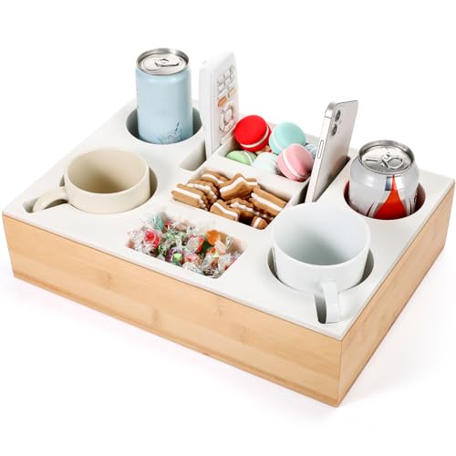 Yerliker Couch Cup Holder Tray, Silicone Lining Couch Caddy Waterproof Anti-spill Sofa Cup Holder for Bed Car Seat Organizer, Hold Mugs, Drinks, Snacks, Phones, Remotes(Rectangle,White,Bamboo) - color: White, size: Bamboo
