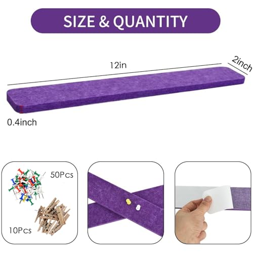 Vuzvuv 8 pcs Bulletin Board Bar Strips with 50 Pushpins & 10 Wooden Clip pins，Self Adhesive Cork Board for Wall，Felt Pin Board for School，Office Decor(Purple) - color: Purple