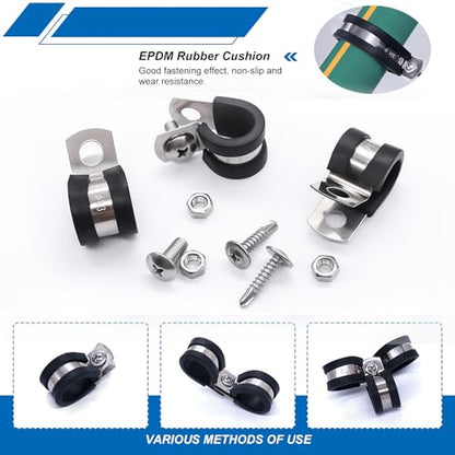 Twidec/50PCS 1/2 Inch Cable Clamp 304 Stainless Steel Rubber Coated Cushion Pipe Clamps,Metal Clamp,With Metal Rubber Clips For Automotive Wire Tube Pipe Clamps N-056-1/2 - size: 1/2 Inch - 50 PCS