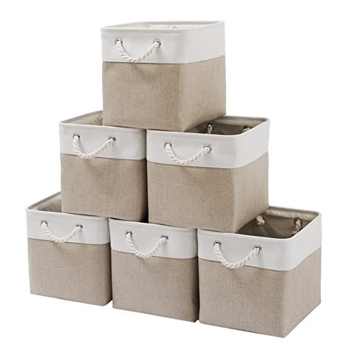 MidmmVick 11 x 11 Inch Cube Storage Bins, 6 Pack Large Collapsible Fabric Storage Bin with Ropes, Foldable Storage Cubes for Home, Office,Closet, Clothes, Toys Organizer (White & Beige-11"x11"x11") - color: White & Beige-11"x11"x11"