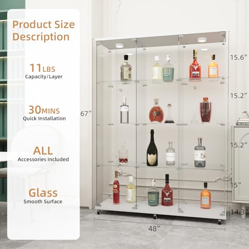 Beauty4U Glass Display Cabinet with LED Lights, Extra Large 3 Columns 2 Doors Curio Cabinets with 12 Shelves for Living Room, Bedroom, Office, White Floor Standing DIY Glass Bookshelf - color: White-led, size: 3-Column 12-Shelf