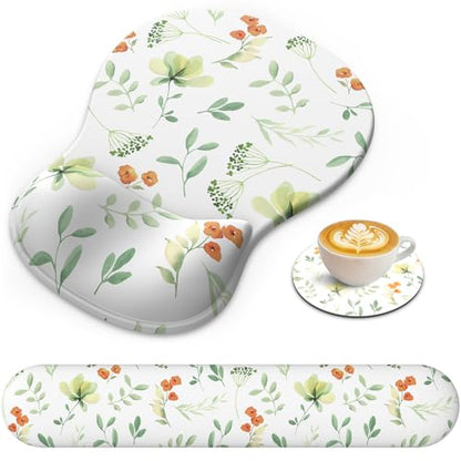 AKIT 3-in-1 Ergonomic Mouse Pad with Wrist Support & Keyboard Wrist Rest Set, Premium Memory Foam Mousepad with Coaster, Pain Relief for Office, Home, Gaming - [Anti-Slip & Breathable Lycra], Flower - color: Flower
