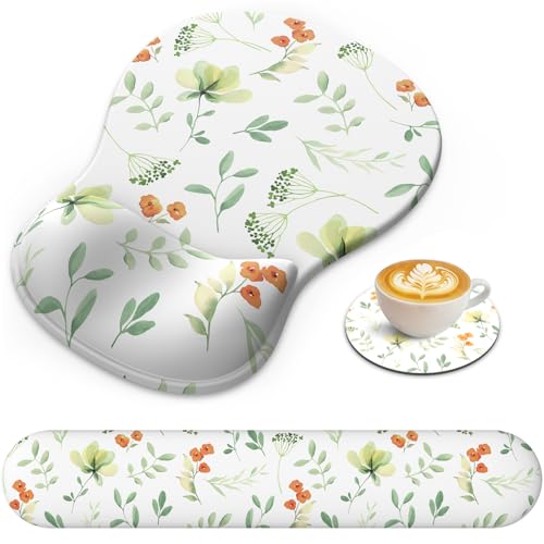 AKIT 3-in-1 Ergonomic Mouse Pad with Wrist Support & Keyboard Wrist Rest Set, Premium Memory Foam Mousepad with Coaster, Pain Relief for Office, Home, Gaming - [Anti-Slip & Breathable Lycra], Flower - color: Flower