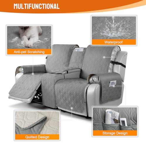 VANSOFY Loveseat Recliner Cover with Console 100% Waterproof Sofa Slipcovers Non-Slip Reclining Couch Cover Split Sofa Covers Furniture Protector for Pets, Dogs(Gray) - color: Grey