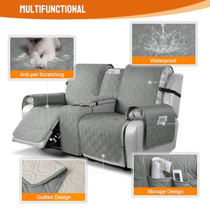 VANSOFY Loveseat Recliner Cover with Console 100% Waterproof Sofa Slipcovers Non-Slip Reclining Couch Cover Split Sofa Covers Furniture Protector for Pets, Dogs(Gray) - color: Grey