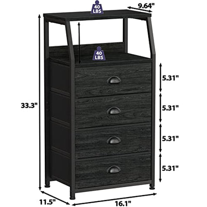 Furnulem Tall 4 Drawers Dresser, Vertical Storage Tower Black Dresser for Bedroom, Hallway, Entryway, Nursery, Closet Organizer, Nightstand Bedside Table Furniture, Sturdy Steel Frame, Wood Top - color: Black Oak, style: 4 Drawers
