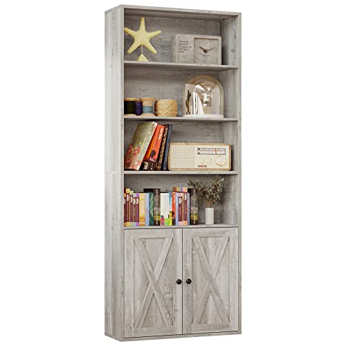 IRONCK Industrial Bookshelves and Bookcases with Doors Floor Standing 6 Shelf Display Storage Shelves 70 in Tall Bookcase for Home Office, Living Room - color: Beige Maple