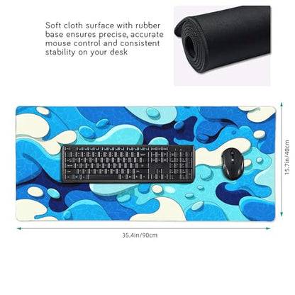 Extended Gaming Mouse Pad, Blue Wave Pattern Design, 35.4 x 15.7 Inches, Anti-Slip Rubber Base, Stitched Edges, Rectangular Desk Mat for Gaming and Office - color: Blue Waves