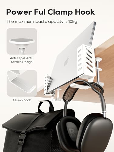Desk Side Laptop Holder, Desk Side Storage, No Drill Side Desk Organizer, Side Desk Laptop Mount, Tablets Hanging Holder, Clamp on Desk Organizer for Laptops/Tablets/Keyboards/Headphone, White