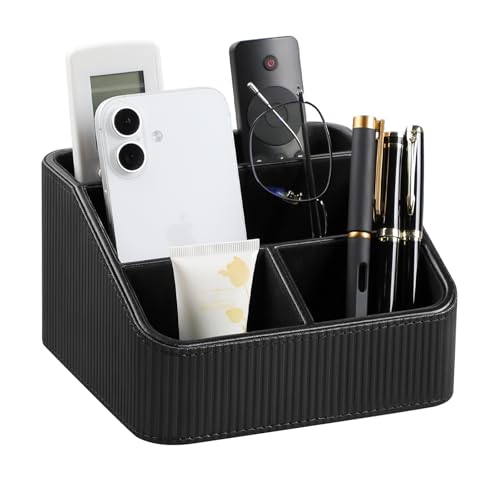 Remote Control Holder with 4 Compartments, PU Leather Small Nightstand Organizer for Home Desk Accessories Office Supplies, Multifunctional Stylish Small Bedside Desktop Organizers (Black) - color: Black