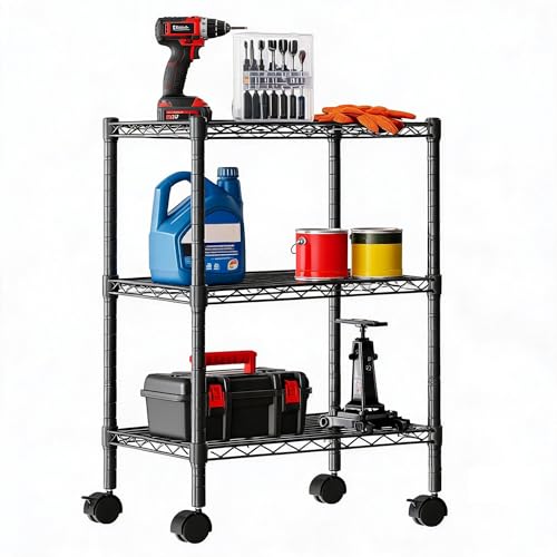 DUMOS 3-Tier Metal Wire Storage Shelves, Adjustable Standing Storage Rack Shelf with Wheels, Heavy Duty Steel Shelving Unit Organizers for Kitchen Bathroom Pantry Garage, 23.1" Wx13.4 Dx30.2 H, Black - size: 3 Tiers with wheels-30.31"H