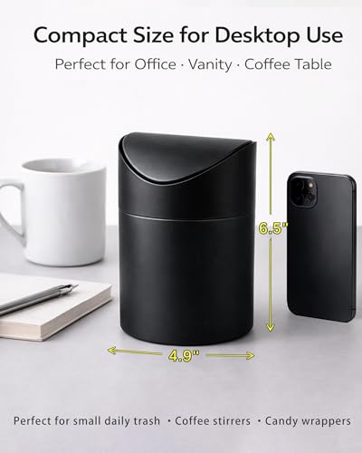 Small Mini Trash Can with Lid, Matte Black Tabletop Garbage Can, Tiny Countertop Trash Can for Coffee Bar & Office Desk, Premium Metal Swing Top Waste Bin for Makeup Vanity, 1.5 L/0.40 Gal (Black) - color: Black