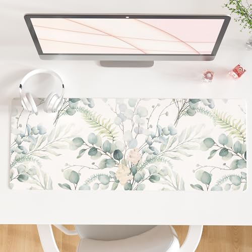 QIYI Large Mouse Pad for Desk, Cute Desk Mat for Desktop, Women Girls Green Office Décor Desk Accessories, PU Leather Waterproof Gaming Mousepad, Eucalyptus Leaf Desk Pad Computer Mat, 31.5" x 11.8" - color: Eucalyptus Leaf, size: 31.5" x 11.8"