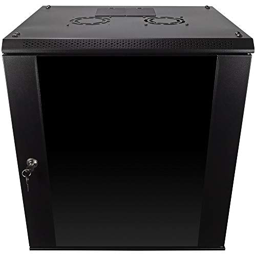 NavePoint 12U Server Rack Enclosure with Glass Door, Cooling Fan, Locks, & Removable Side Panels - 12U Wall Mount Network Cabinet 19 Inch Rack 17.7" Deep (450mm) - size: 12U
