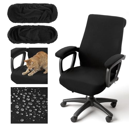 Office Chair Cover with Armrest Covers Black Water Repellent Jacquard Computer Chair Covers with Arms Removable Washable Office Armrest Cover with Zipper (Black)