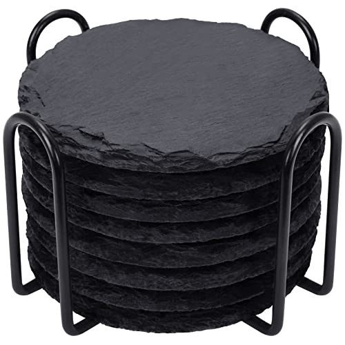 Slate Drink Coasters with Metal Holder, GOH DODD Set of 8 Black Coasters, 4 Inch Stone Coaster Set Tabletop Protection for Home Kitchen Apartment Bar Decor Housewarming Gifts Wedding Party, Round - color: Round Slate Coasters With Metal Holder