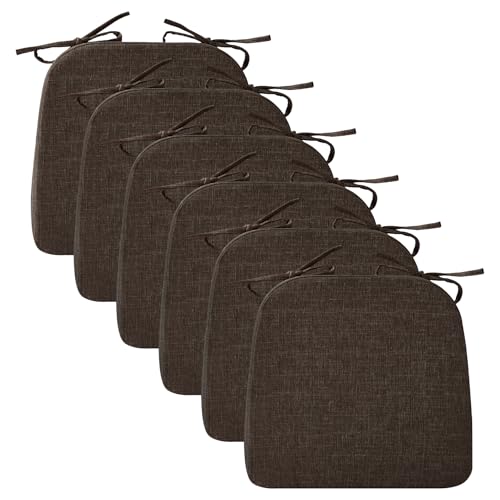 Ruqmuis Chair Cushions for Dining Chairs, 2" Thick Seat Cushions for Kitchen Chairs, D-Shaped Chair Pads with Washable Cover, Ties and Non Slip Backing, 17'' x 16'', Set of 6, Brown - color: Brown, size: 6 Count(Pack of 1)