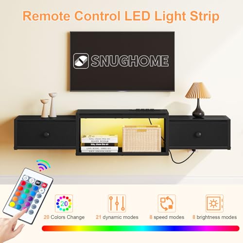 Snughome Floating TV Stand Wall Mounted with Power Outlet 55", Floating Entertainment Center with LED Lights, Floating TV Shelf with Drawer, Wall Mounted Media Console Shelf for Living Room, Bedroom - color: Black, size: 55.12" x 11.02" x 6.5"