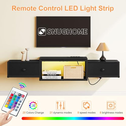 Snughome Floating TV Stand Wall Mounted with Power Outlet 55", Floating Entertainment Center with LED Lights, Floating TV Shelf with Drawer, Wall Mounted Media Console Shelf for Living Room, Bedroom - color: Black, size: 55.12" x 11.02" x 6.5"
