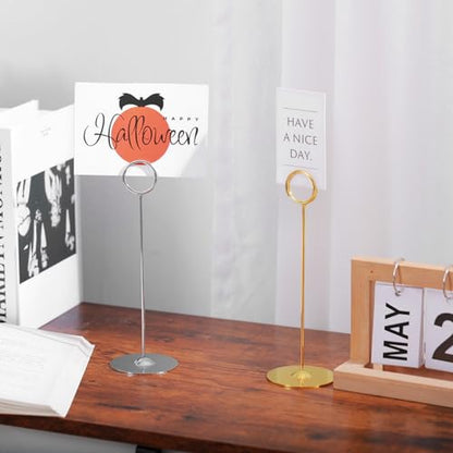 Urban Deco 16 Pieces Table Card Holder 8 inches Table Number Holders Place Steel Card Holders for Photos, Food Signs, Memo Notes, Weddings, Restaurants, Birthdays (Gold) - color: Gold
