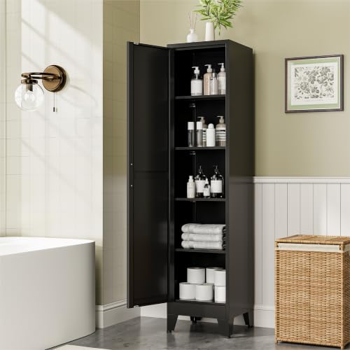 COFaR 67" Metal Pantry Cabinet, Black Storage Cabinet with Magnetic Door & 4 Adjustable Shelves, Slim Freestanding Cupboard for Office, Kitchen, Bathroom - color: Black, size: 67"H 5 Tiers & Narrow