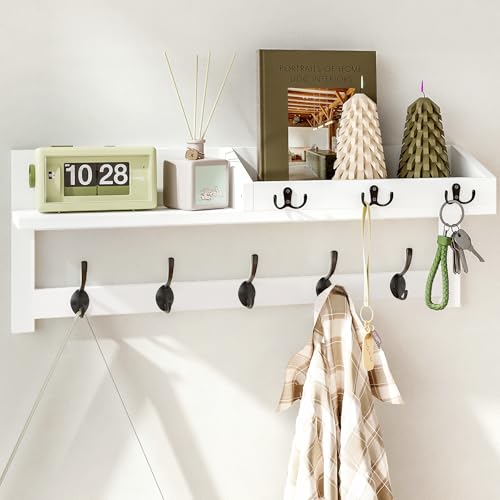 AMBIRD Wall Hooks with Shelf, 26.57 Inch Entryway Wood Coat Hooks for Wall, Coat Rack Wall Mount with 5 Dual Hooks 3 Key Hooks Mail Organizer and Key Rack Holder (White) - color: White, size: 26.57" L