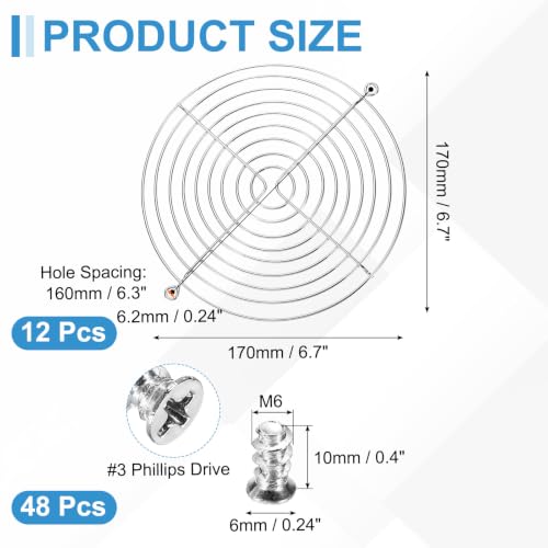 PATIKIL 170mm Fan Finger Grill, 12 Pcs Metal Ventilation Grill Guard Cover with Screws for Industry Workshop Computer Household Refrigerators Air Conditioning, Silver - size: 170mm