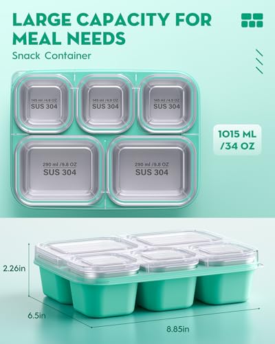 BiuLeon Snackle Box Containers, Stainless Steel 5 Compartments Divided Serving Tray with Lid, Removable LeakProof Portable Bento Box for Fruit Candy Nuts Food - School, Picnic and Travel（Green） - color: Green