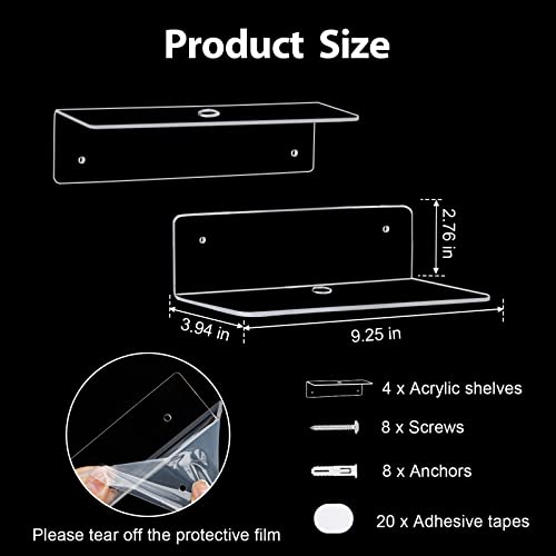 9 Inch Acrylic Floating Shelf, No Drill Adhesive Wall Shelf Set of 4 for Storage, Floating Shelves Damage-Free Expand Wall Space for Living Room, Office, Gaming Room, Bathroom - color: Clear