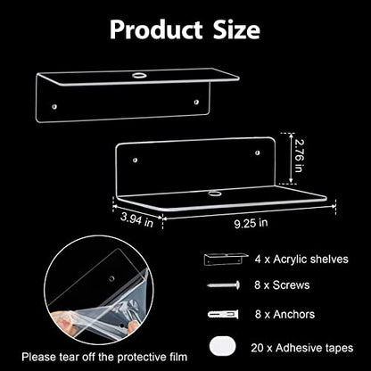 9 Inch Acrylic Floating Shelf, No Drill Adhesive Wall Shelf Set of 4 for Storage, Floating Shelves Damage-Free Expand Wall Space for Living Room, Office, Gaming Room, Bathroom - color: Clear