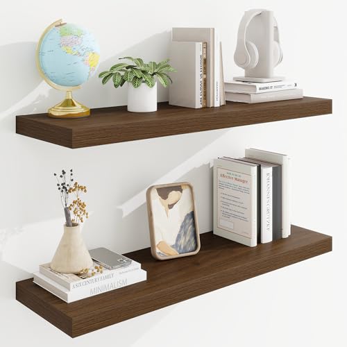 32in Floating Shelves for Wall, 32"W x 9.25"D x 1.25"H, 2 Pack Long Wall Mounted Engineered Wood Shelves with Invisible Brackets for Living Room, Bedroom, Bathroom, Kitchen Decor and Storage, Walnut - color: Dark Walnut With Invisible Metal Brackets, size