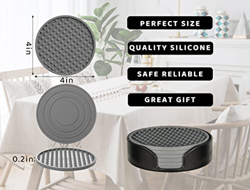 Coasters for Drinks 6 Pcs Drink Coaster with Holder,Heat Resistant Silicone Cup Mat Tabletop Protection,Non-Slip Rubber Coasters for Kinds of Cups (Grey) - color: Gray-plastic Holder