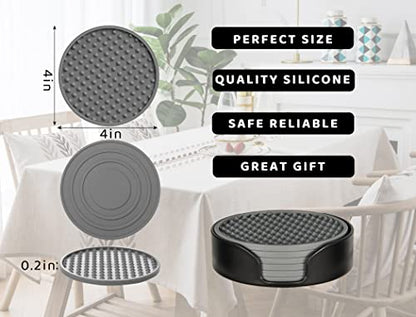 Coasters for Drinks 6 Pcs Drink Coaster with Holder,Heat Resistant Silicone Cup Mat Tabletop Protection,Non-Slip Rubber Coasters for Kinds of Cups (Grey) - color: Gray-plastic Holder