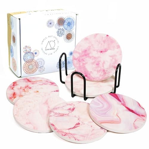 AD Set of 6 Coasters for Drinks Absorbing Round Ceramic Stone Coaster with Cork Base Tabletop Protection Mat for Mugs and Cups,Office,Kitchen (Pind Marble with Holder) - color: Pind Marble With Holder