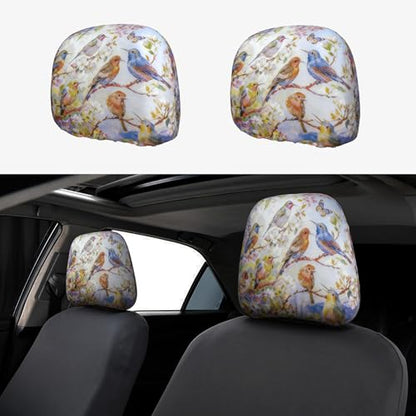 2pc Car Seat Headrest Cover Colorful Bird Head Rest Covers Protector - color: Colorful Spring Bird