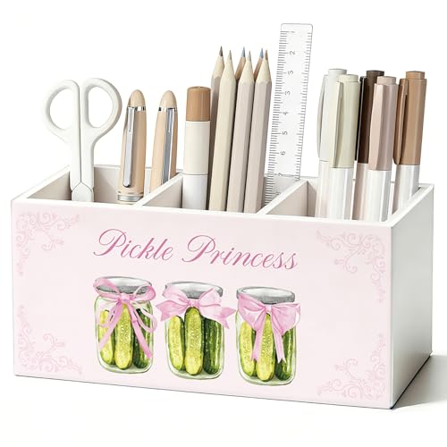 Pink Coquette Bow Pickle Pen Pencil Holder for Desk, Pickle Lovers Gifts for Women, Preppy Pink Girly Wooden Box Sign Decorations for Girls Bedroom Room Dorm Desk Tabletop - color: 06- Pickle Princess (white)