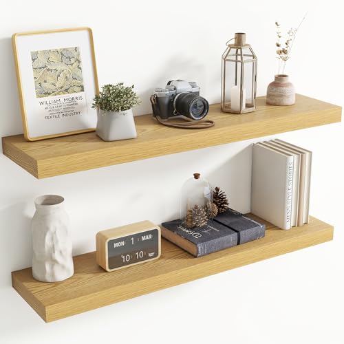 40 Inch Floating Shelves for Wall, 8 Inch Deep Floating Shelf for Storage & Display, Rustic Wall Mounted Shelf with Invisible Brackets for Living Room, Kitchen, Bathroom, Home Decor, Set of 2, Oak - color: Oak, size: 40 Inch, Set of 2