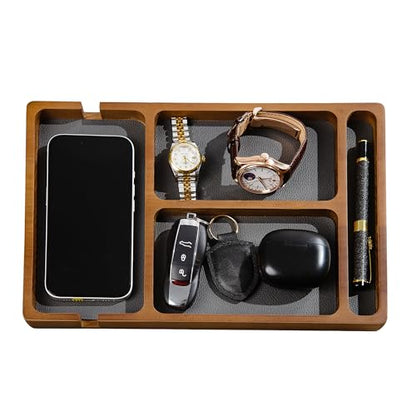 Shinpuru Wooden Valet Tray for Men, Nightstand Organizer with Leather Inlay, EDC Essentials Catchall Tray for Keys, Phone, Wallet, Watch, Earbuds - Bedside Desk Entryway Tray (Wood-Pen) - color: Brown-P