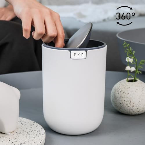 EKO Mini Desk Trash Can with Swing-Top Lid 0.4 Gallon Small Table Round Wastebasket for Office, Home, Car (White) - color: White, size: 1.5 Liters