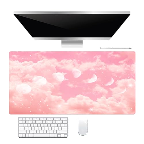 EOBTAIN Pink Cloud Desk Mat for Keyboard and Mouse,Cute Pastel Large Mouse Pad Computer Gaming Mat Desk Accessories Decor,Stitched Edges and Smooth Non-Slip Rubber Mousepads,31.5x15.7 Inch - color: Pink