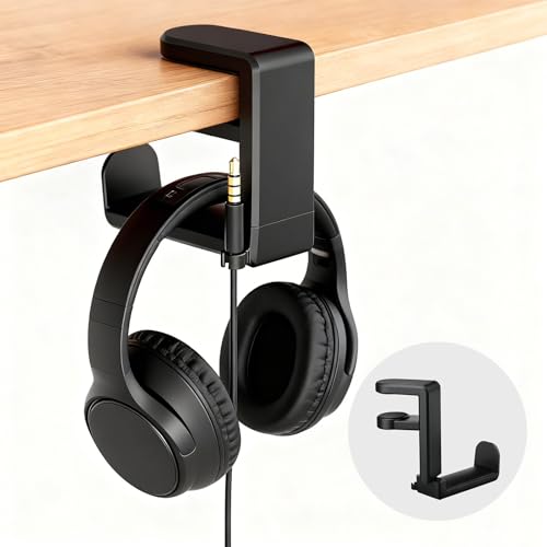 Universal Headphone Stand & Headset Holder - 360° Swivel Under Desk Headphone Hook with Cable Management Clip (Black) - color: Black