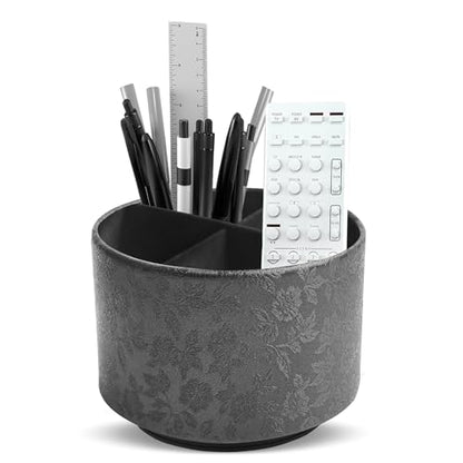 lizimandu Round Leather Art Supply Organizer,Remote Control Holder,360 Degree Spinning,Multi-Functional Pencil Holder,4 Compartments Desktop Stationary Organizer(1-Liuli Black) - color: 1-Liuli Black