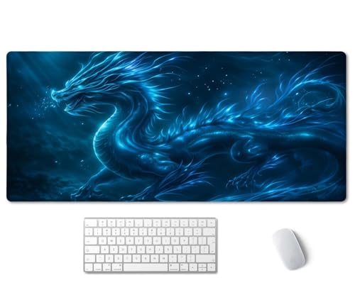 SSOIU Extended Mouse Pad, XXL Gaming Mouse Pads, Large Big Mousepad Laptop Computer Keyboard Mat Desk Pad with Non-Slip Base Stitched Edge for Gaming Office, 35.5 x 15.7 inch, Blue Dragon - color: Blue Dragon