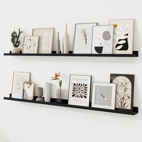 RICHFOCUS Picture Ledge Shelf, 55 inch Floating Shelves Set of 2, Wood Wall Shelves with Lip, Wall Decor Storage for Bedroom Living Room Bathroom Kitchen Nursery Photo Picture, Black - color: Black, size: 55 Inch, set of 2