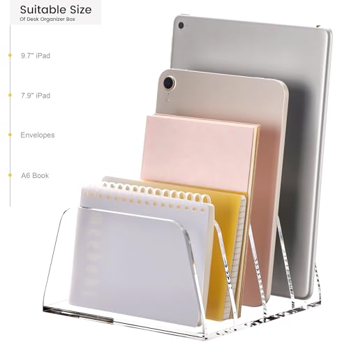 YUXUN Acrylic File Sorter,6.9"x6.6"x3.74",4 Sections Vertical Desk Organizer,Clear Mail Organizer File Holder Stand Rack Desk Accessories for Mail,Envelope,Letter,Notebook for Home/Office/Classroom - style: 4-Section,A5