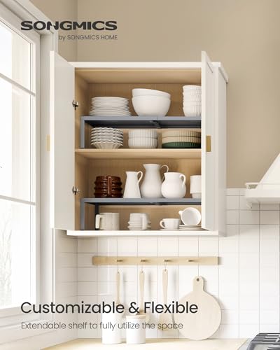 SONGMICS Spice Racks, Set of 2 Expandable Kitchen Countertop Shelves, Small Cupboard Organizers, Metal, Space-Saving Tabletop Shelves, Silver UKCS402FG01 - color: Silver, size: Set of 2