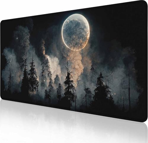Gaming Mouse Pad, Large Mouse Pads for Desk, Non-Slip Rubber Base Mousepad, Keyboard Mouse Mat, Desk Pad with Stitched Edges, 35.4x15.7 inch Full Moon in The Night Sky Forest Landscape - color: Full Moon in the Night Sky Forest, size: 35.4L x 15.7W inches