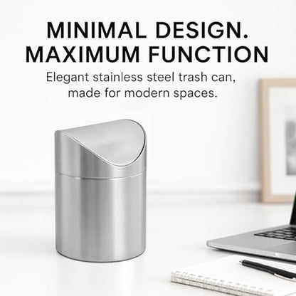 Small Mini Trash Can with Lid, Brushed Stainless Steel Small Tiny Mini Trash Bin Can, Mini Countertop Trash Cans for Desk Office, Swing Top Trash Bin 1.5 L/0.40 Gal (Sliver) - color: Silver