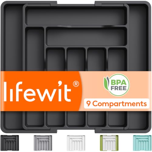 Lifewit Utensil Organizer for Kitchen Drawer, Expandable Cooking Silverware Tray, Adjustable Cutlery Flatware Holder, Plastic Spatula Tools Storage Divider, 13-22.4 x 15", Black - color: Black, size: XL (13-22.4"W × 15"D )
